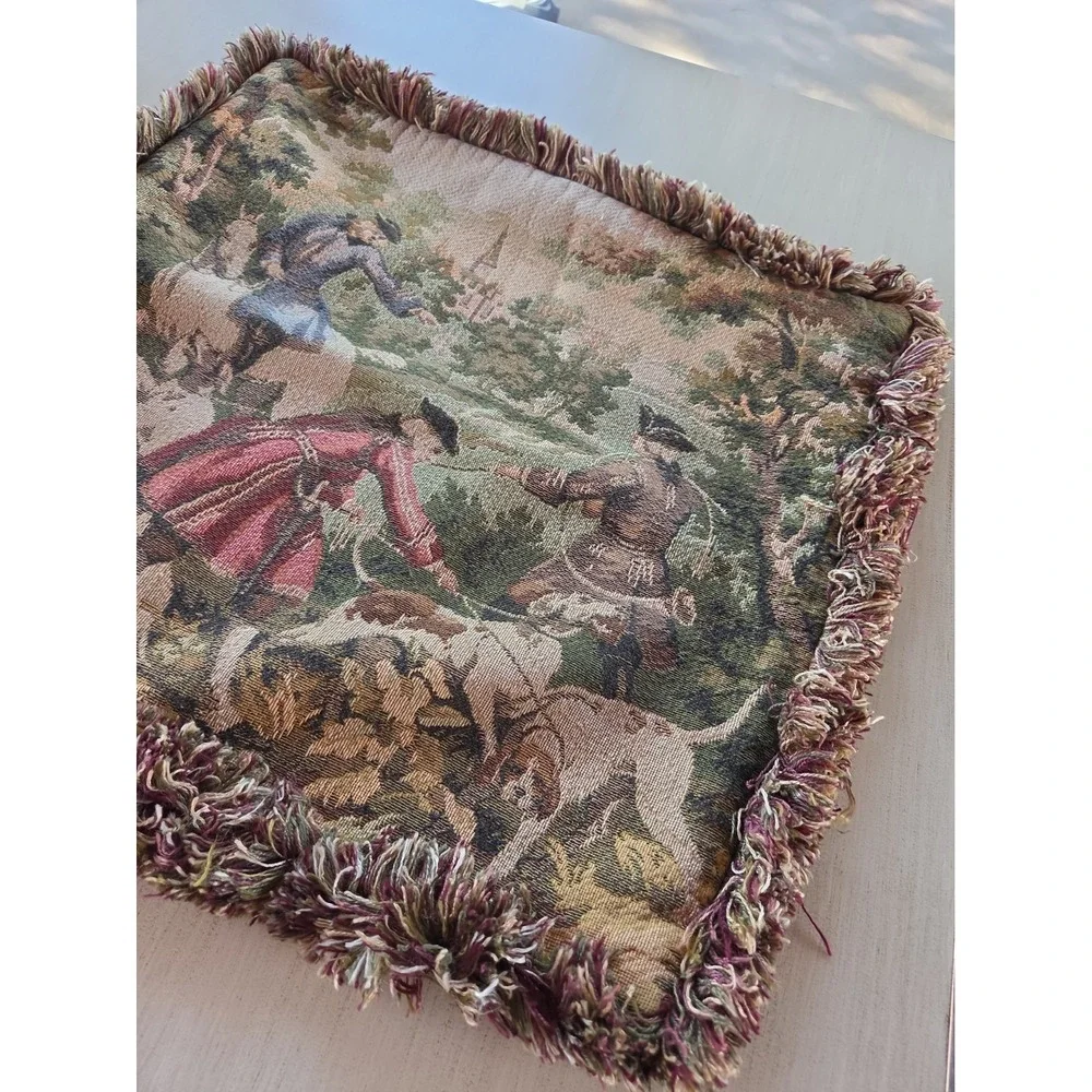 Vtg French Jacquard Tapestry pillow cover Equestrian Brush Fringe 18x17 *flaw